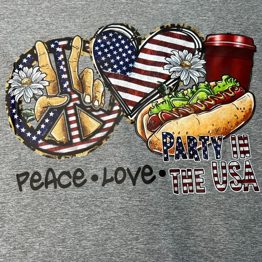 Americana Peace, Love, Party in USA Gray Vneck Tee Large Jr.